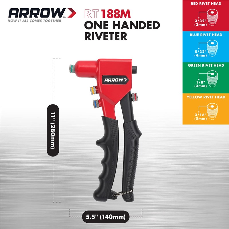 Arrow RT188M One-Handed Pop Rivet Gun, Manual Riveter for Metal,
