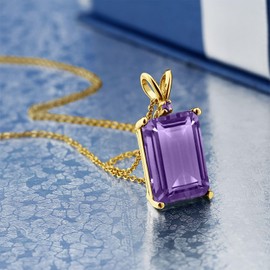 Gem Stone King 18K Yellow Gold Plated Silver Purple Amethyst Pendant Necklace For Women | 7.12 Cttw | Gemstone February Birthstone | Emerald Cut 14X10MM | With 18 Inch Silver Chain