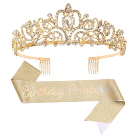 Papoopy Birthday Crown Tiara with sash for Women, Headband Hair Accessories for Birthday Party (A-Red)