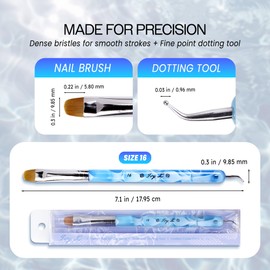 Ivy L Premium 2 Way French Gel Acrylic Nail Art Kolinsky Brush with Dotting Tool for Professional Manicure Cuticle Clean up Nail Art Design (Size # 16, Blue Marble)