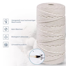 Macrame Yarn 3 mm x 100 m, 3 mm x 200 m, 4 mm x 200 m, Cotton Yarn for DIY Crafts, Cotton Cord for Knitting, Cotton Rope for Wall Hangings and Plant Hangers (Beige - 3 mm x 100 m)