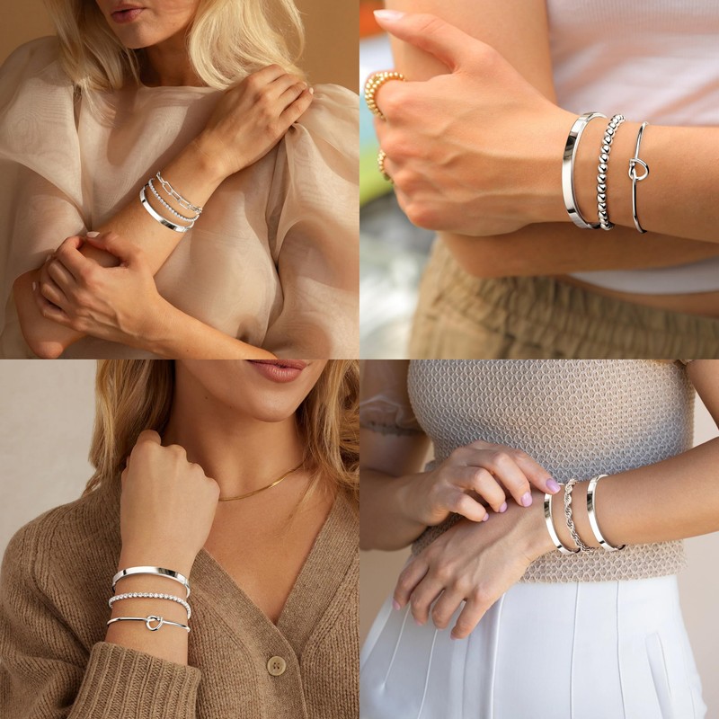 Gokeey Dainty Silver Plated Bangle Cuff Bracelet for Women, Silver