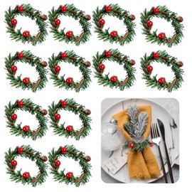 PEOVLVN 12 Pcs Christmas Napkin Rings, Napkin Rings Set of 12 Christmas Wreath with Red Berry Napkin Holder for Winter Christmas Thanksgiving Party Dinner Table Setting Decoration