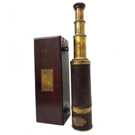 Antique Brass Leather Telescope Nautical Functional Handheld Pirate Spyglass Handmade Vintage Collectible Wooden Box Kelvin & Hughes London 1917