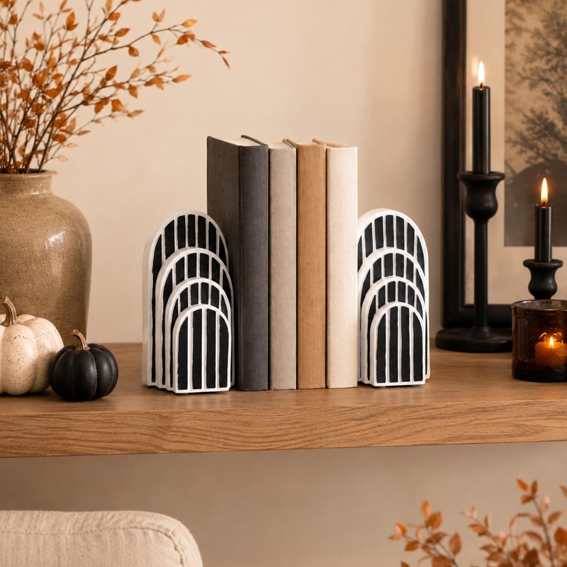 Modern Striped Arch Bookends Set of 2 Resin Black White