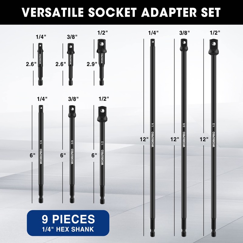 WORKPRO 9-Piece Socket Adapter Extension Set, 1/4, 3/8, 1/2-Inch Drive,