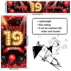Happy 19th Birthday Door Cover Porch Banner Sign Set - 19 Years Old Birthday Decoraions Party Supplies for Women Men - Red