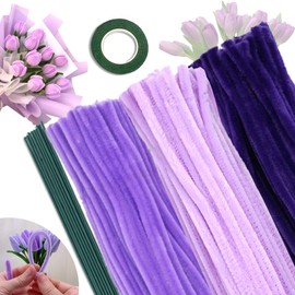 URSDIART 311pcs Pipe Cleaners Flowers Kit,300pcs Purple Pipe Cleaners Crafts Chenille Stems Bulk 10 Flower Stems Green Tape, Art and Craft Projects Supplies for Flowers, Classroom Project,Decoration