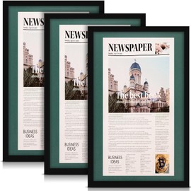 DoubleFill 3 Pcs 11x22 in Newspaper Frame with Mat Assorted Media Article Cover Frame with Hanging Hardware 14x24 in Newspaper Display Poster Frame for Wall Decoration (Dark Green Mat)