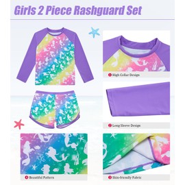 ACOCOPY Swimsuits for Girls Long Sleeve Two Piece Mermaid Rash Guard Sets with Shorts Quick Dry Hawaii Bathing Suits Size 8-9