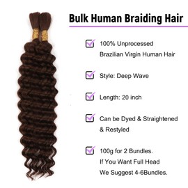 20 Inch 100g Boho Briads Human Hair Extensions For Micro Braids 2 Bundles Deep Wave Bulk Human Hair For Women Wet And Wavy Human Braiding Hair (4#, 20Inch 100g(50gx2Bundles))