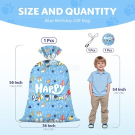 KJTIME Large Blue Birthday Gift Bag Boys Jumbo Plastic Boy Happy Birthday Themed Kids Gift Bags XL Parties Favors Decorations 36×56 Inch