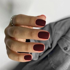 Matte Wine Red Press on Nails Short Square KXAMELIE Natural Short Gel Nails Glue on Acrylic Nails Press ons Featured Protective Coat Reusable Fake Nails Solid Color Short Coffin Artificial Nails 24Pcs