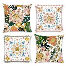 Bonhause Boho Floral Throw Pillow Covers 16x16 Set of 4 Bohemian Decorative Throw Pillow Cases Soft Velvet Cushion Covers for Sofa Couch Car Bedroom Home Decor