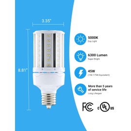 IDO E39 LED Corn Bulb Base 5000k Daylight White 45W 6300 Lumen Super Bright Equivalent 175W HID MH HPS Suitble for Garage, Post Top,Parking Lots, High Bay,Street Light 1 Pack
