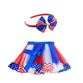 SUNTRADE 2 pcs Kids Girls July 4th American Flag Printed Tutu Skirt Independence Day Dance Dress Set (L)