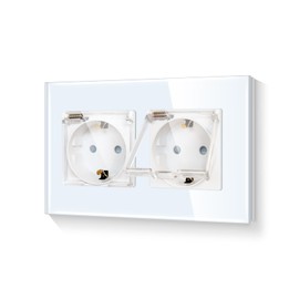 LIAONFOY Glass Schuko Double Socket with Lid Flush-Mounted 2-Way Wall Socket White Colour with Glass Frame 16 Amp 110-250 V 157 mm