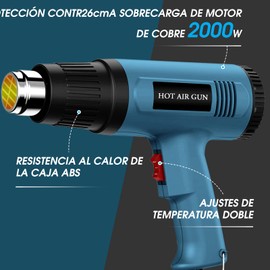 Pistola de Calor, Pistola de Aire Caliente 2000W, Decapador Profesional Temperaturay Tlujo de Aire Ajustables (50-600℃, 300-500L/min) 4 Boquillas para Deformar Tubos, Encoger PVC, Doble Protección