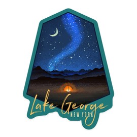 Die Cut Sticker Lake George, New York, Tent and Night Sky, Mid-Century Style, Contour Vinyl Sticker 1 to 3 inches (Waterproof Decal for Cars, Water Bottles, Laptops, Coolers), Small