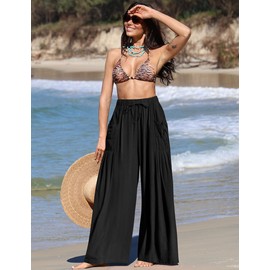 TARSE Women's 2025 Summer Wide Leg Palazzo Pants High Waisted Flowy Pockets Trendy Casual Lounge Boho Beach Trousers Black, S