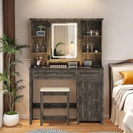 ChicFurnit Farmhouse Makeup Vanity,Vanity Desk with Glass Tabletop & 3 in 1 Charging Station,40'' Vanity Set with Human Body Sensing LED Lights & Hidden Jewelry Cabinet,Stool Included, Vintage Brown