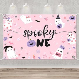 MEHOFOND Spooky One Backdrop Banner for Girl Halloween Pink Little Boo Birthday Party Decor Halloween 1st Cute Ghost Bday Photography Background Pumpkin Bat Booday Banner 70.8x43.3 Inch
