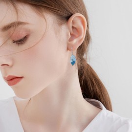 POPLYKE Blue Leaf Earrings for Women Sterling Silver Enamel Earrings Drop Dangle Blue Earrings Nature Plant Earrings Leaf Jewelry