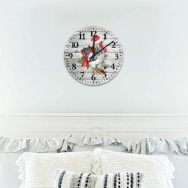 Christmas Santa Farm Chicken Rooster Clock Wooden 10 Inch, Chicken Wearing Christmas Hat Farm Animal Lover Kitchen Clocks Wall Battery Operated Quartz Analog Quiet Round Arabic Numeral Clock