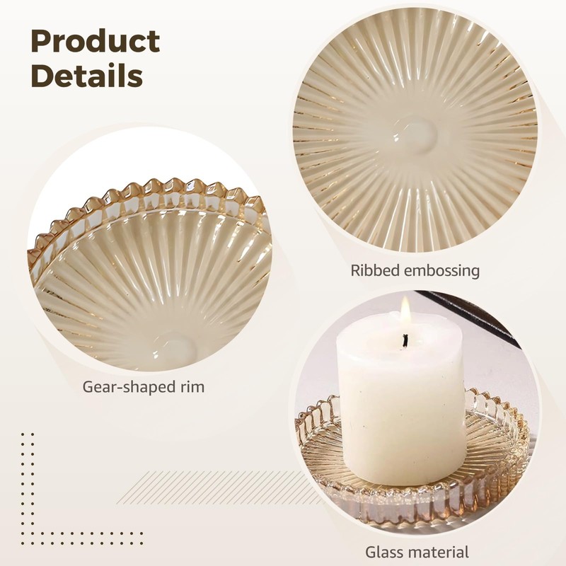 6 Pcs Glass Pillar Candle Trays, 4'' Striped Embossed Round