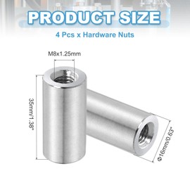 sourcing map 4Pcs M8x1.25mm Round Coupling Nuts, 0.63x1.38 Inch(ODxH)304 Stainless Steel Connector Nut Fasteners Rod Hardware Nuts for Threaded Rod, Industrial Construction Fasteners, Silver