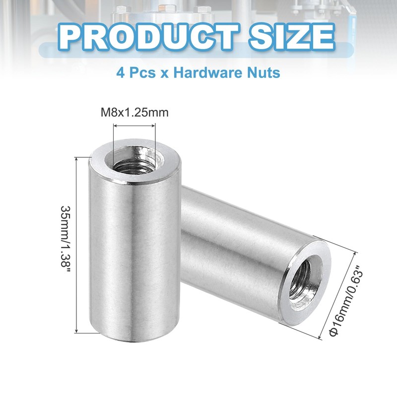 sourcing map 4Pcs M8x1.25mm Round Coupling Nuts, 0.63x1.38 Inch(ODxH)304 Stainless