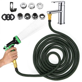 Indoor Sink Hose Attachment for Faucet - (50 FT) Faucet Hose with 7 Adapters for Kitchen Sink Bathroom Sink Faucet, Watering Houseplants, Washing Pets Car Household Cleaning 10-Function Nozzle