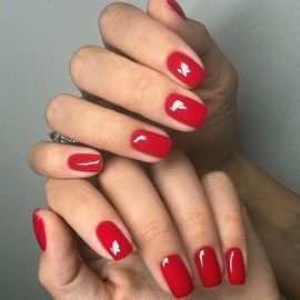 ANDGING Pure Red Press on Nails Short Medium Square Fake Nails for Women Girls Full Cover Gel on Nails with Glossy Design Acrylic Coffin False Nail Tips Manicure Stick on Nails for Wedding 24Pcs