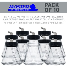 Master Airbrush (Pack of 10) TB-004 Empty 2.7-Ounce (80cc) Glass Jar Bottles with 60° Down Angle Adaptor Lid Assembly - Fits Single-Action Siphon Feed Airbrushes, Use with Master Badger Paasche, Iwata