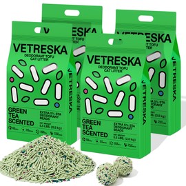 VETRESKA Tofu Cat Litter,Natural Kitty Litter Strong Clumping Flushable Cat Litter Pellets Ultra Absorbent,Odor Control,Dust-Free,Low Tracking Eco-Friendly Tofu Litter,Greentea(5.5lb×4bags)