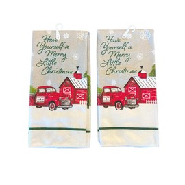 Greenbrier International, Inc. Have Yourself a Merry Little Christmas Set of 2 Kitchen Towels Dish Towels Hand Towels with Vintage Red Christmas Truck Holding Farm Fresh Trees