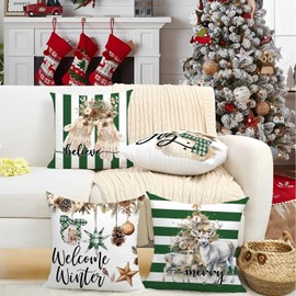 Miaikoe Christmas Cushion Covers 50x50 cm Set of 4 Snowman Gloves Welcome Winter Green White Strip Christmas Throw Pillow Covers Winter Farmhouse Decoration for Home