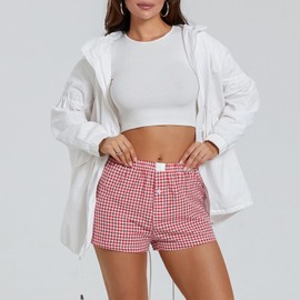 Women Gingham Boxer Shorts Y2k Cute Stripes Plaid Button Elastic Waist Lounge Boxers Red S