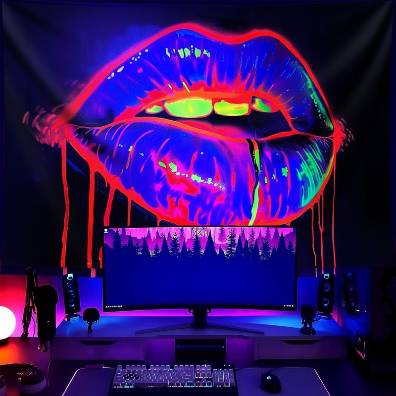 TUGCAY Lips Black Light Tapestry, Blacklight Tapestry UV Reactive Lip