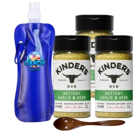 Kinder’s Seasoning Rub Premium Barbecue BBQ Spice pack of 3 5.1 oz. each (15.3 oz) + Candy Freezer Collapsible Bottle & Wooden Spoon (Buttery Garlic & Herb)