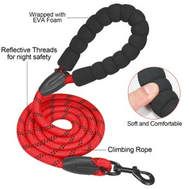 Rope Dog Leash 4 FT for Medium and Large Dogs,Heavy Duty Dog Rope with Comfortable Padded Handle,Waterproof Dog Leash for Walking,Reflective Nylon Dog Leash,Red
