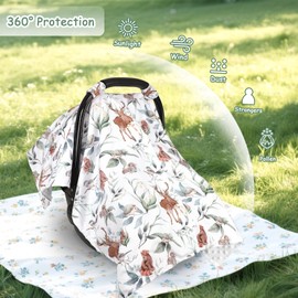 TANOFAR Baby Carseat Canopy, Peekaboo Opening Car Seat Canopy for Babies, Soft and Breathable Infant Carrier Canopy, Multi-use Baby Carrier, Stroller, Nursing Cover, Minky Blanket, Animal Leaf