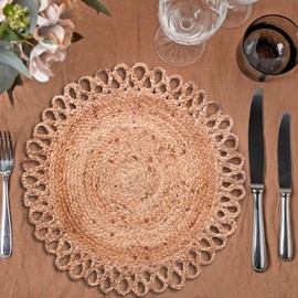 Jute Hand Braided Placemats Set of 6 | 14 Inches Artistic Round Tablemats for Kitchen Dining Table Top Sustainable Rug Mats & Dinner Table Plate Pads Mates Rustic Natural Fiber Vintage Natural Beige