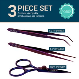 O'Creme Stainless Steel Precision Kitchen Culinary Fine-Tip Tweezer Tongs 6-1/2 inch straight and 6-3/8 inch Curved, Plus Super Sharp Chef Scissors, Total 3 Pieces Set (Purple)