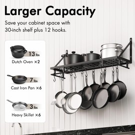 KES 30-Inch Kitchen Pan Pot Rack Wall Mounted Hanging Storage Organizer Wall Shelf with Hooks Matte Black, KUR215S75A-BK