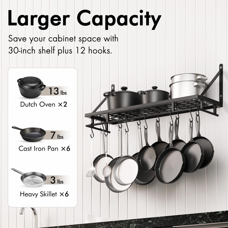 KES 30-Inch Kitchen Pan Pot Rack Wall Mounted Hanging Storage