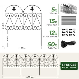 HIHADUUM 24.5 in(H) x 10.8 ft(L) Garden Fence, 5 Pack Animal Fence Barrier for Dogs, Rustproof Metal Arched Garden Fences Borders, Black No Dig Fence for Flower Bed, Patio, Yard, Outdoor Decor