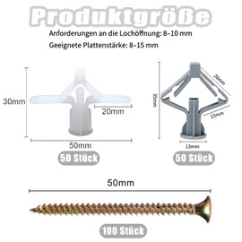 200 Piece Plasterboard Dowels Set (100 Dowels, 100 Screws), Cavity Dowels, Rigypsum Dowels for Plasterboard, Plasterboard, Concrete Fixing, Expansion Anchors, Drywall Dowels