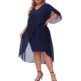 Womens Classic Solid Color Church Dress Plus Size Flowy 3/4 Sleeve Wedding Guest Party Dress Navy Blue L