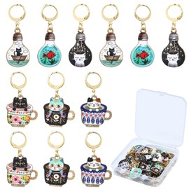 LiQunSweet - Juego de 12 6 estilos de marcadores de punto de gato en taza, abalorios, esmaltados con cierres para tejer, ganchillo, joyería, decoración de bolsas, No es una piedra preciosa